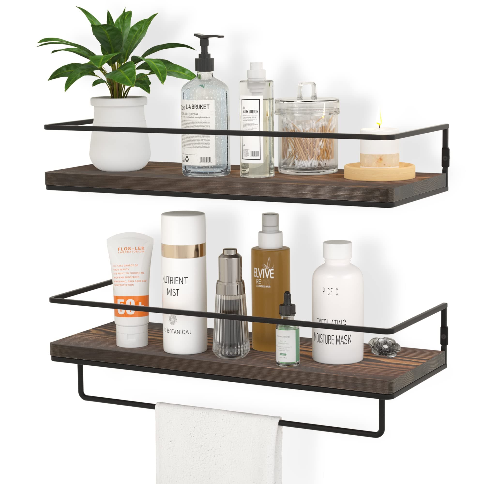ZGO Floating Shelves for Wall Set of 2, Wall Mounted Storage Shelves with Metal Frame and Towel Rack for Bathroom, Kitchen, Bedroom