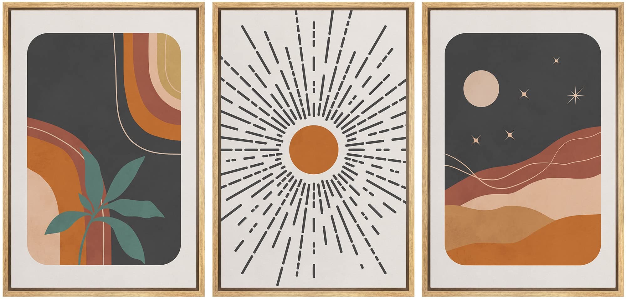 wall26 Framed Canvas Print Wall Art Set Boho Mid-Century Colorful Sun Moon Landscapes Nature Abstract Illustrations Modern Art Bohemian Decorative for Living Room, Bedroom, Office - 16"x24"x3 Natural