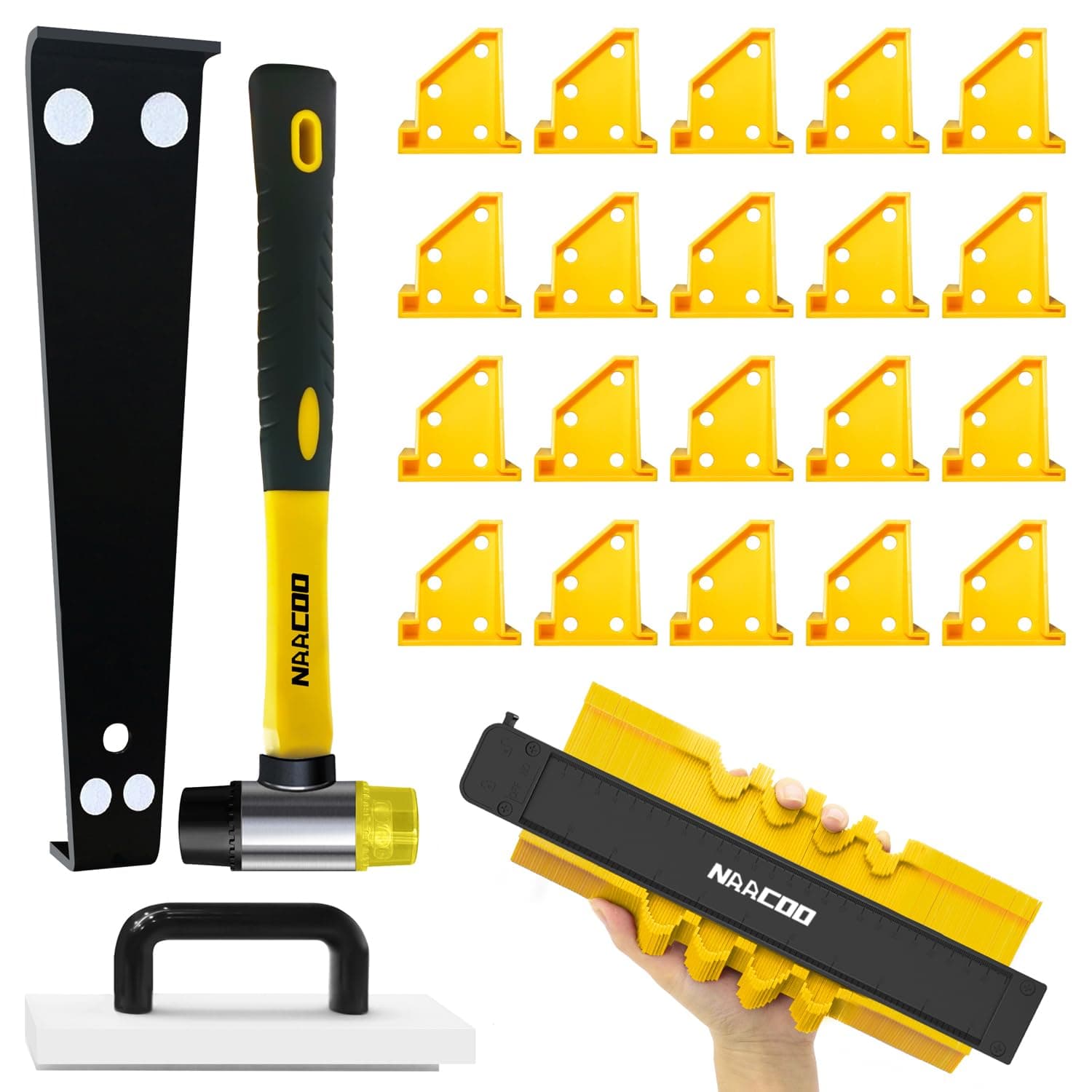 NAACOO Laminate Flooring Tools, LVP Installation Kit, Professional Vinyl Flooring Tools - Tapping Block with Handle, 10” Contour Gauge, Pull Bar, 2 in 1 Spacers, Double-Faced Mallet.