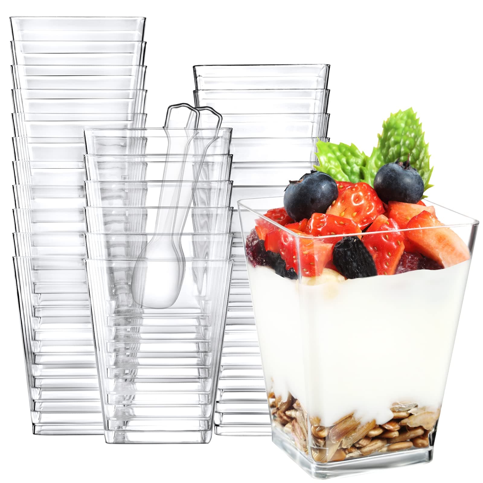 Eupako 100 Pack 5 oz Square Clear Plastic Dessert Cups with Spoons Small Clear Plastic Tumbler Cups Great for Desserts, Appetizers, Puddings, Mousse, Parfait