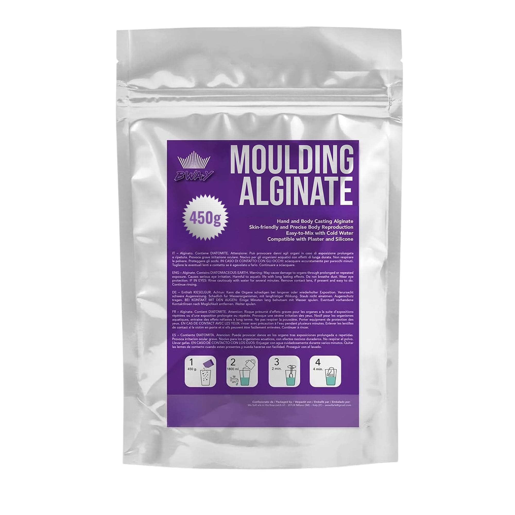 BWAY Moulding Alginate Slow Setting - Chromatic Alginate for High Precision Footprints - 450 g - Ready in 3 Minutes - Ideal for Making Hand or Body Casts (1 Bag)