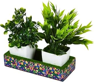 fancymart Artificial Plant Leaves Set of 2 Potted Plant in Small Wooden Planter Tray | Perfect Home Decor Item, Height 15cm x Width 16cm