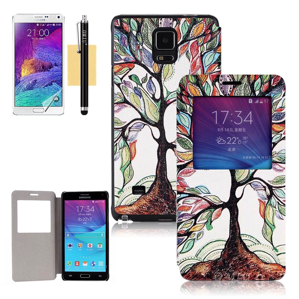 Galaxy Note 4 Case, OMIU(TM) [Colorful Tree] Bran-new Fashion Colored Drawing Design Premium PU Leather Window View Design Slim Flip Case Cover Protector Fit For Samsung Galaxy Note 4, Sent Stylus