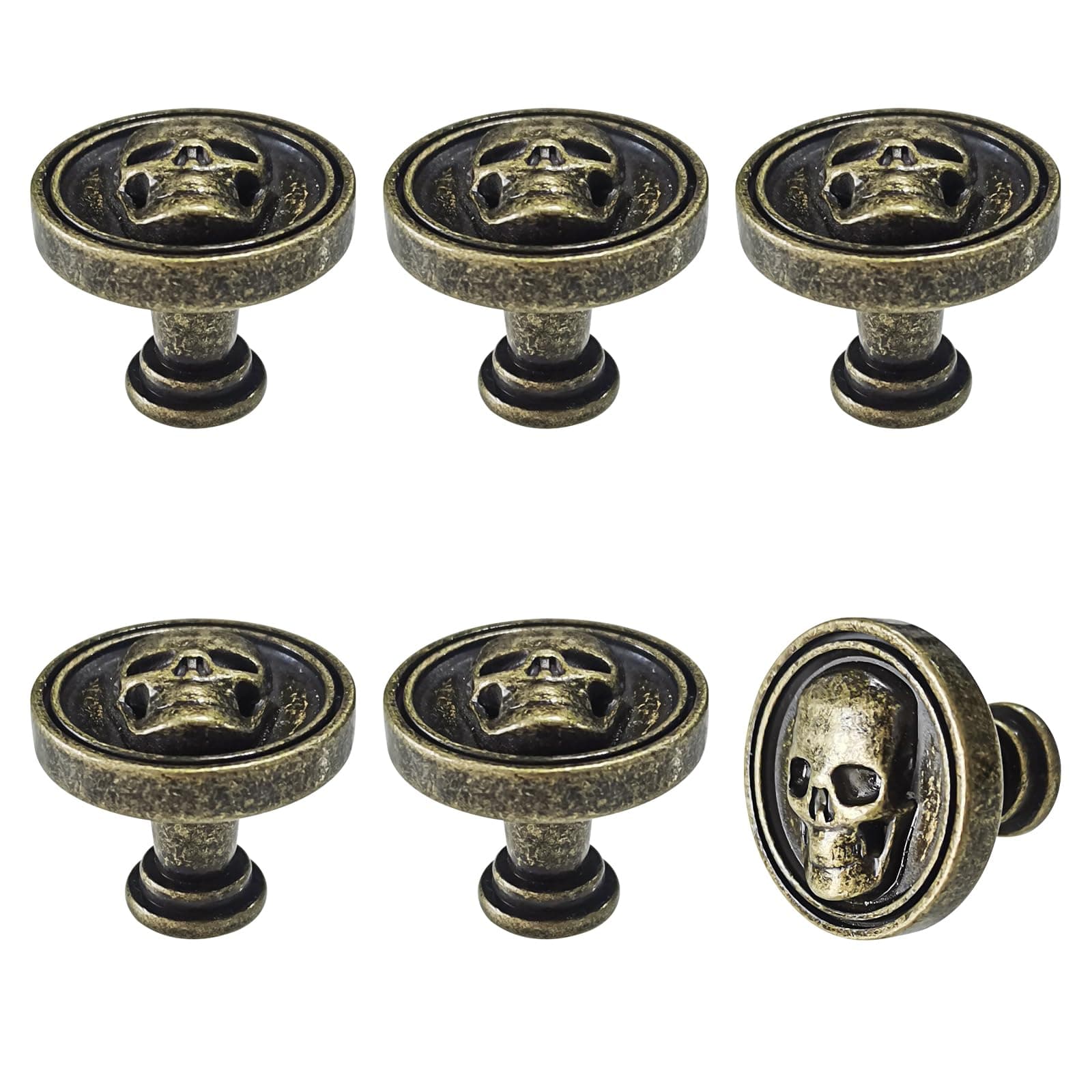 Vintage Skull Knob, 6 pcs Single Hole Cabinets Pulls for Drawer, Wardrobes, Bookcases, Dresser, Closets (Bronze)