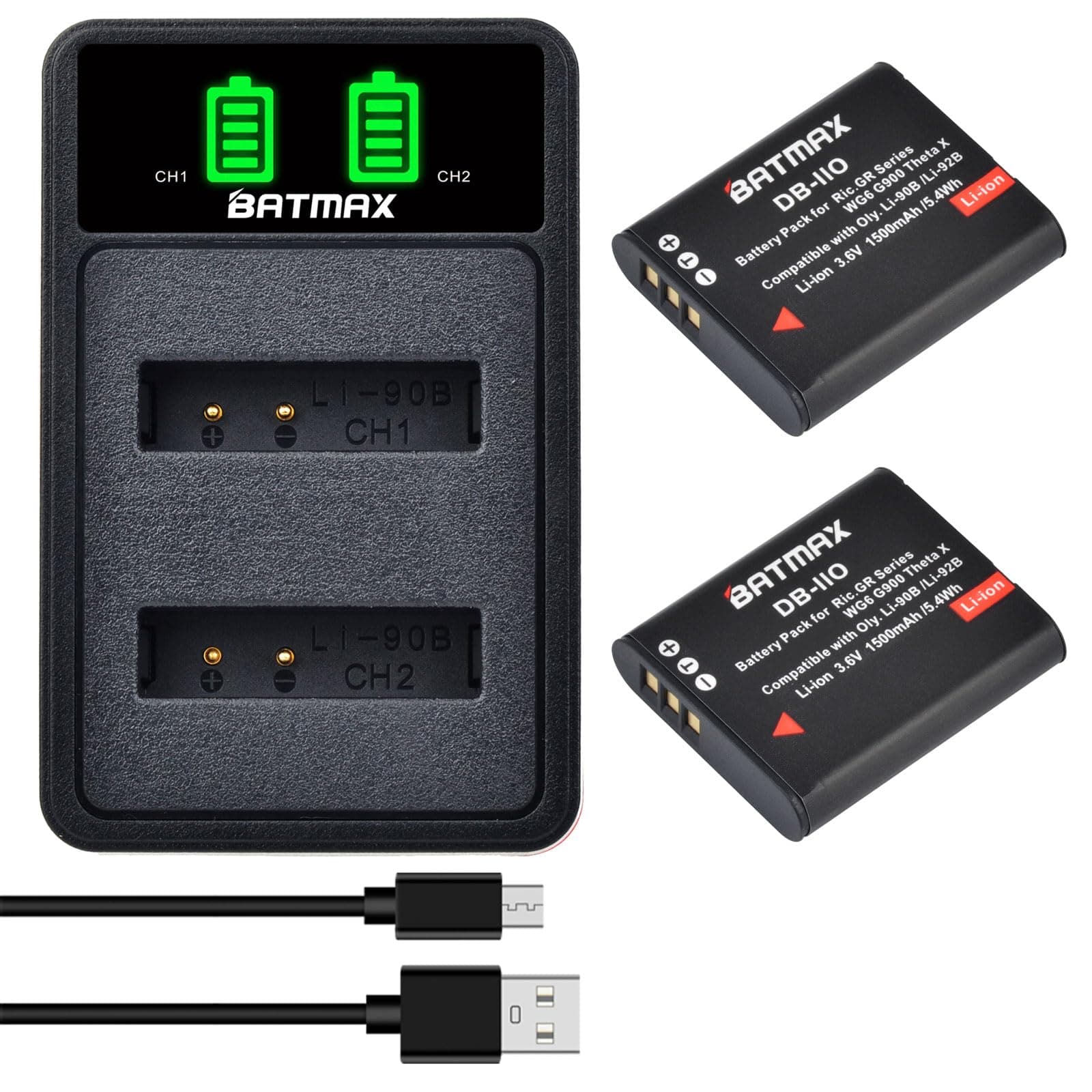 Batmax 2X DB-110 Battery + Quick LED Dual Charger with Type C Port for Ricoh DB-110 GR Series Ricoh GR III, GR IIIx, Theta X, WG-6, G900 Cameras