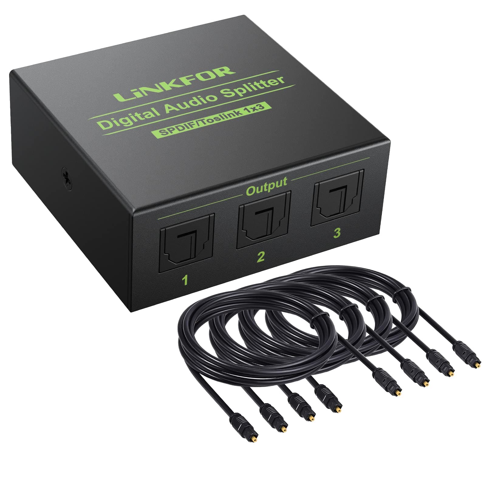 3 Port Toslink Splitter with 4pcs 6ft Optical Cable Digital Optical Audio Splitter Aluminum Alloy SPDIF Toslink Fiber Audio Splitter 1 in 3 Out Support Dolby-AC3 DTS for PS3 DVD HDTV