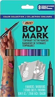 BodyMark Temporary Tattoo Markers, 8-Count Color Collection, Skin-Safe & Cosmetic Quality, Cruelty-Free, Long-Lasting, Flexible Brush Tip, Stencils Included