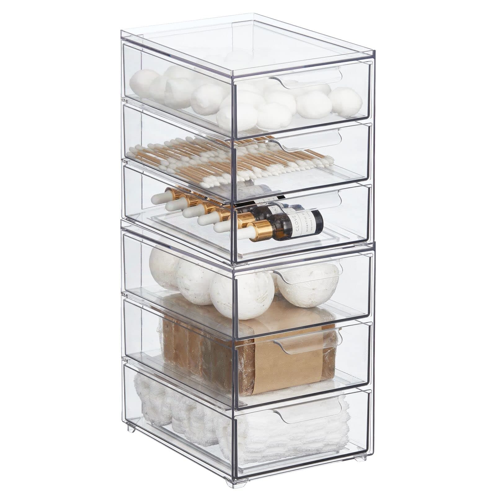 Storage Box – Deep Stackable Plastic Container with Pull-Out Drawers – Bathroom Organiser Box for Toiletries, Makeup and Beauty Products – Pack of 2 – Clear