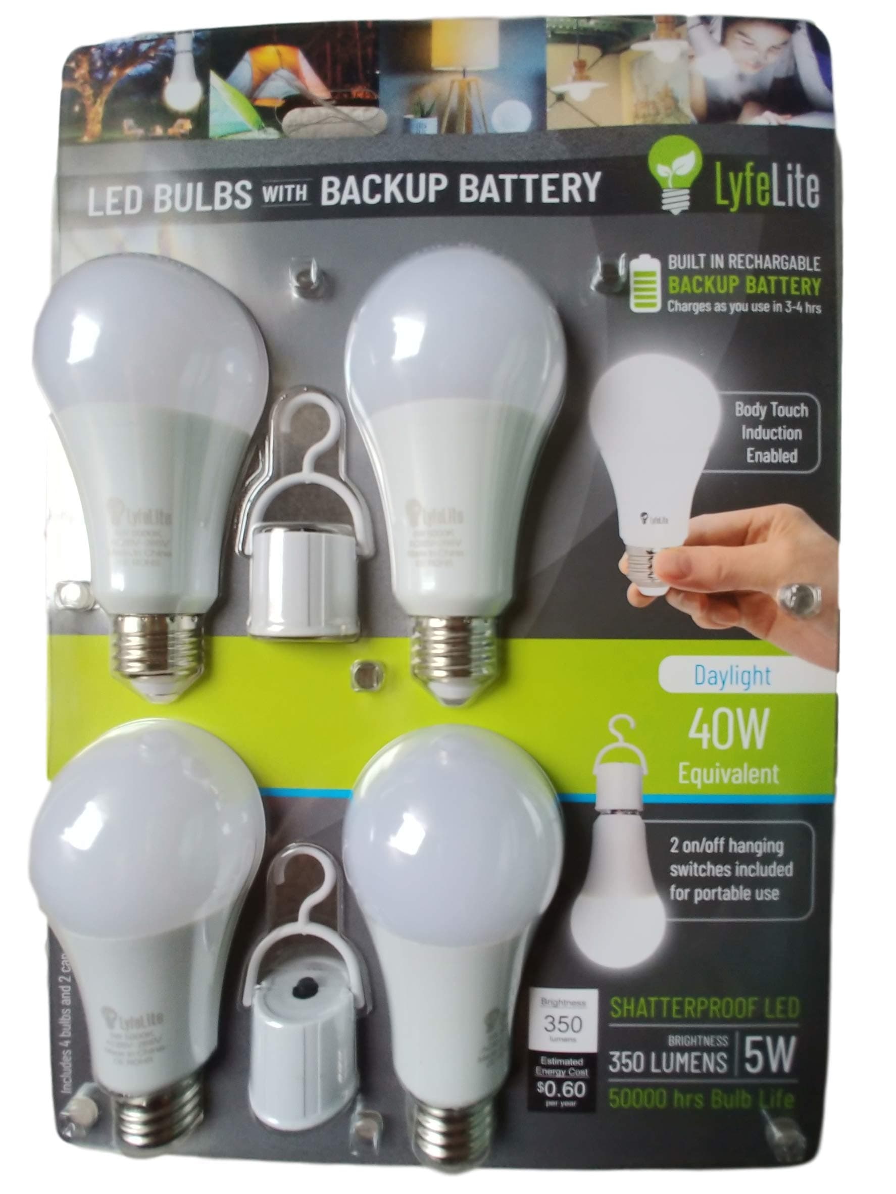 lyfeLite Rechargeable Emergency LED Light Bulb 4-5 Hour Emergency Lighting 5 watt (40 watt Equivalent) 450 lumens Daylight Non dimmable E26 4 Pack