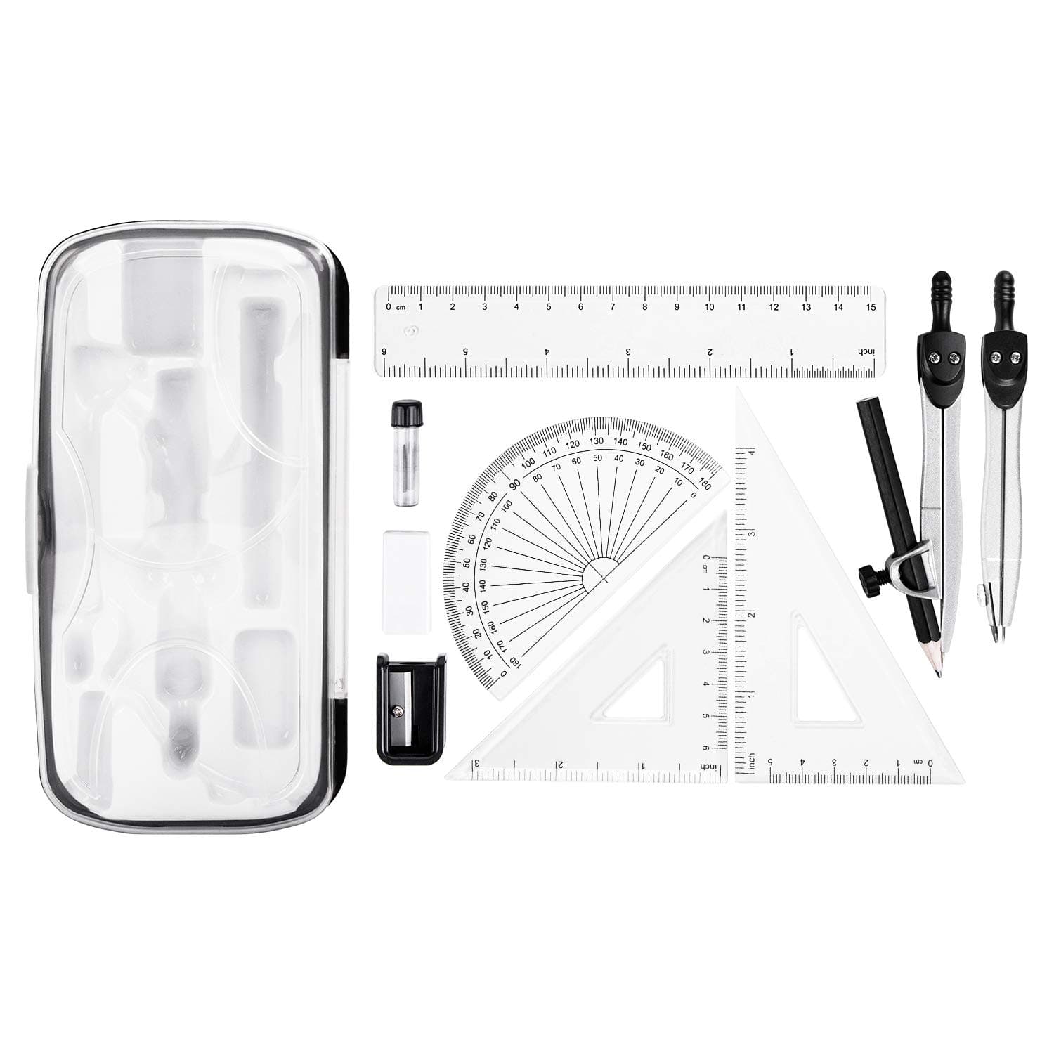 – Amazon Basics 10-Piece Maths Kit - Includes Compasses, Lead, Rubber, Sharpener, Protractor, Triangles, Ruler and Carrying Box