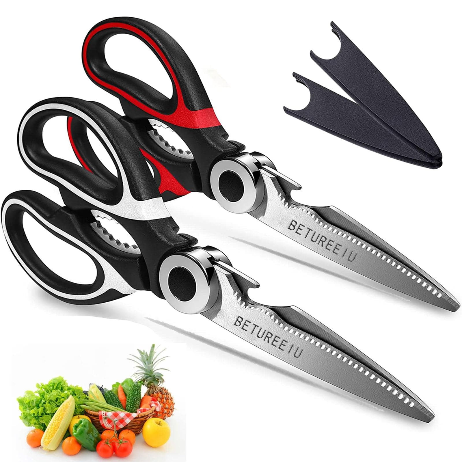 [2 Pack] Kitchen Shears With Cover, Kitchen Scissors Heavy Duty Dishwasher Safe, Utility Shears Stainless Steel All purpose For Chicken, Fish, Herbs, Vegetables, Pizza, BBQ (Black+Red)