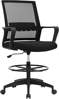 BestOffice Drafting Chair Tall Office Chair Adjustable Swivel Rolling Mesh Height with Lumbar Support Arms Footrest Mid Back for Adults Standing Desk Drafting Stool(Black)