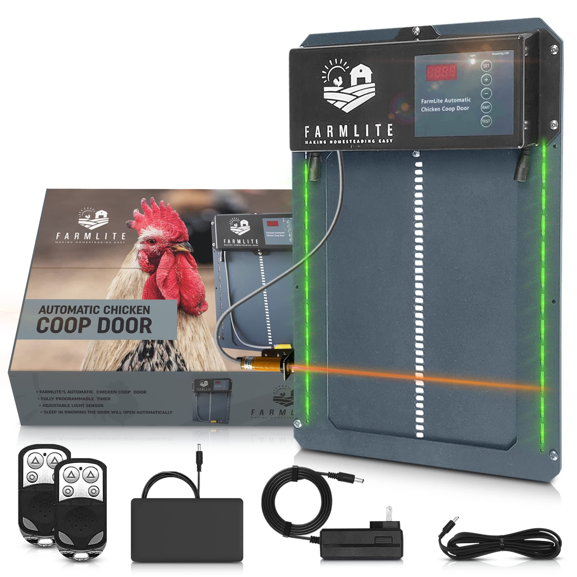 FarmLite Automatic Chicken Coop Door Opener | Non-Battery Powered Automatic Chicken Door | Automatic Coop Door with Timer and Light Sensor | USA Brand