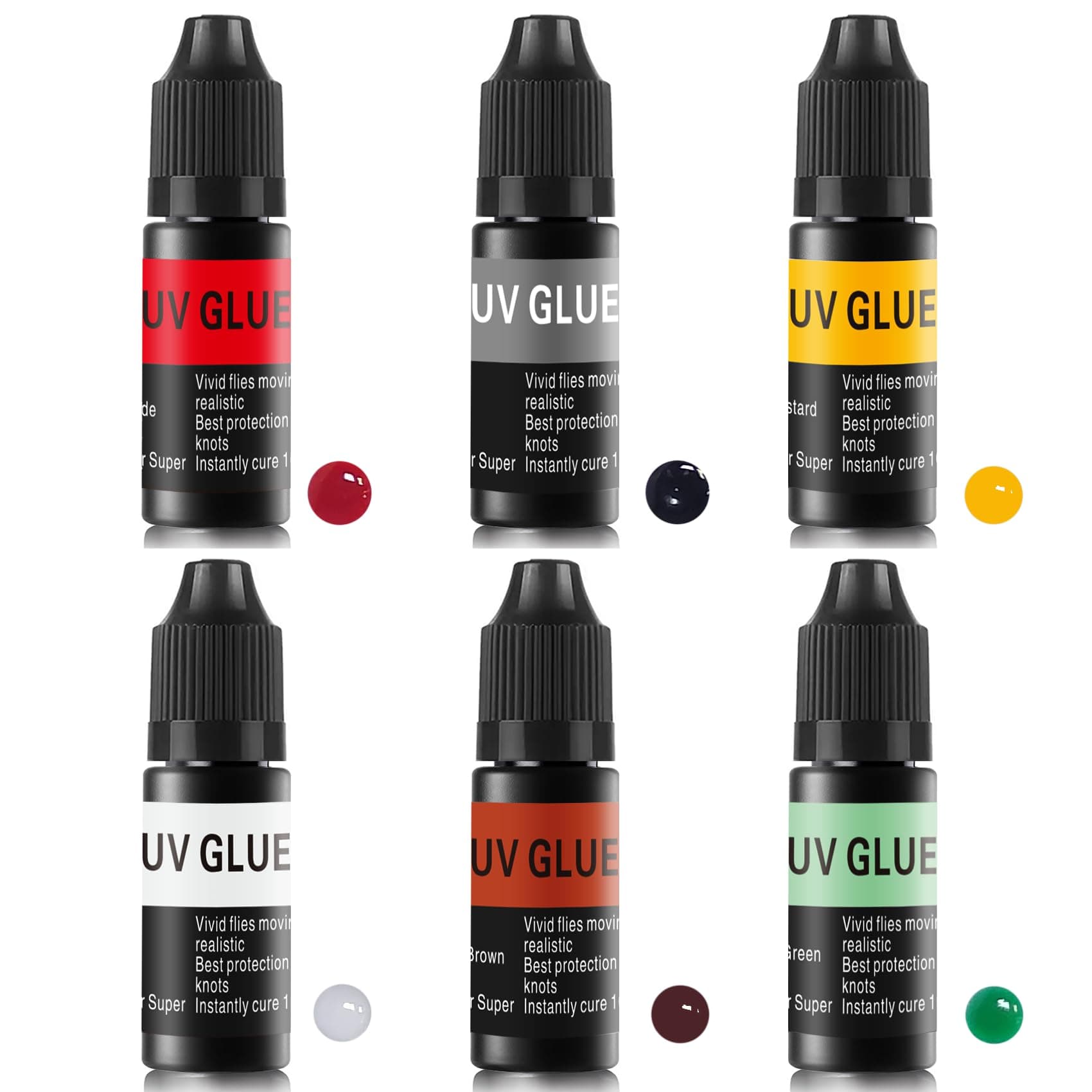 Riverruns 6 Colored Super UV Glue Combo Set Revolutionary Fly Tying for Building Flies Flies Heads Bodies and Wings Tack 10ml Each Color Unit