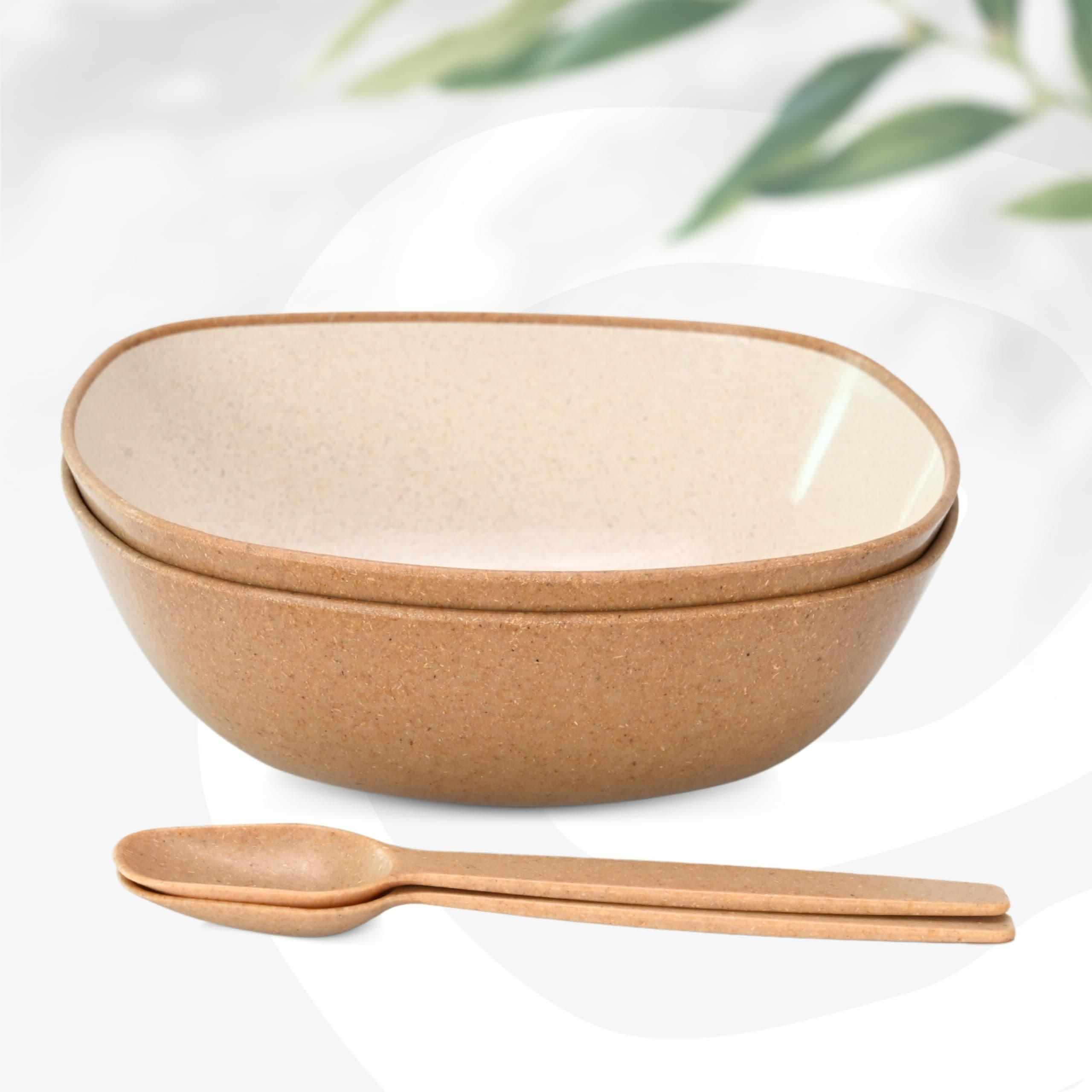 Eha Set of 2 Earth-Friendly Multipurpose Bowls for Kitchen with Spoons | 750 ml | Made with Rice Husk Biocomposite| Microwave Safe Bowl | for Hot & Cold Serving Bowl Set | Tortilla