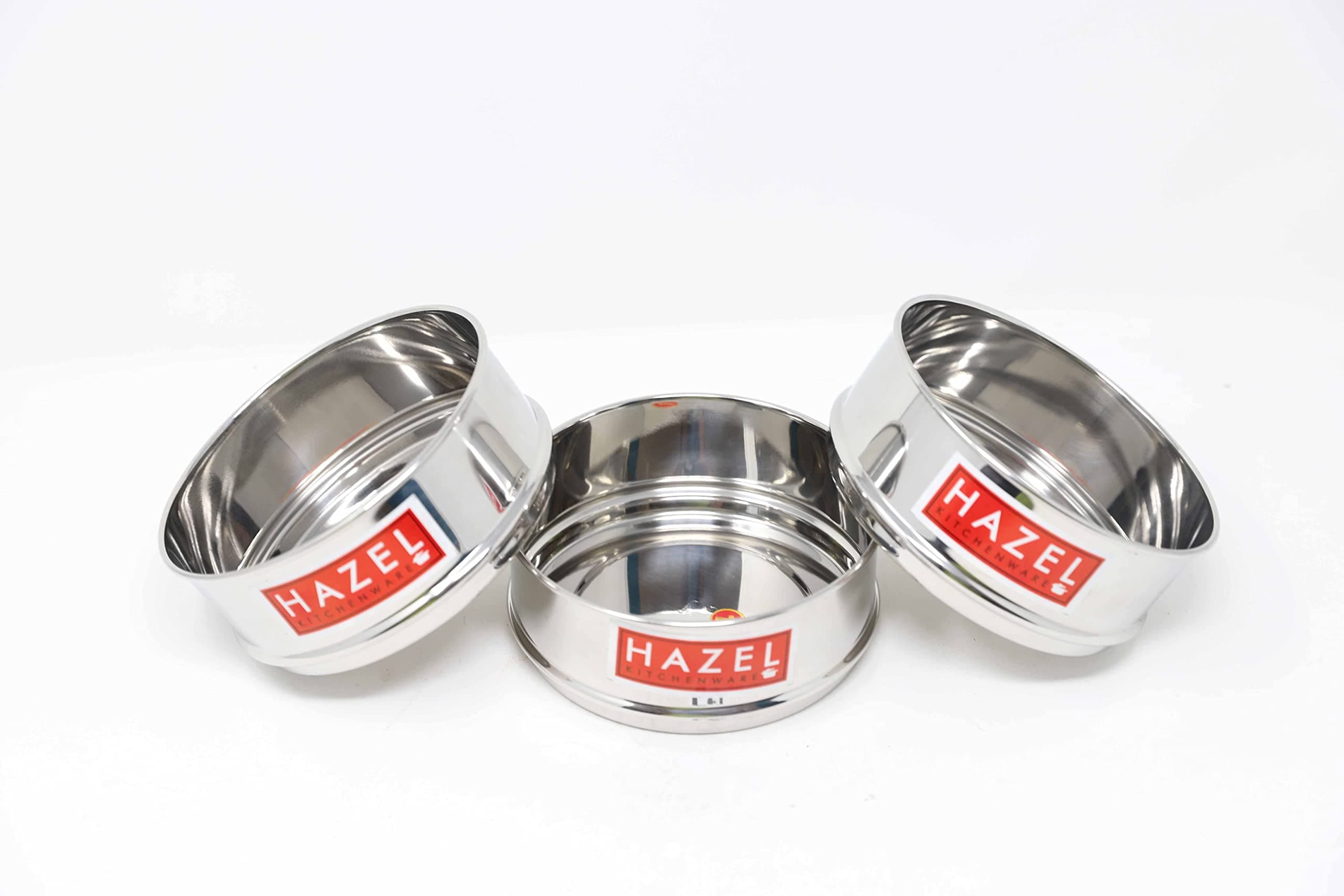Hazel Alfa Cooker Container | Vessel Set For 600 Ml I Of 3 With Glossy Finish Stainless Steel Utensil Rice Dabbas, Stackable Separators, Silver