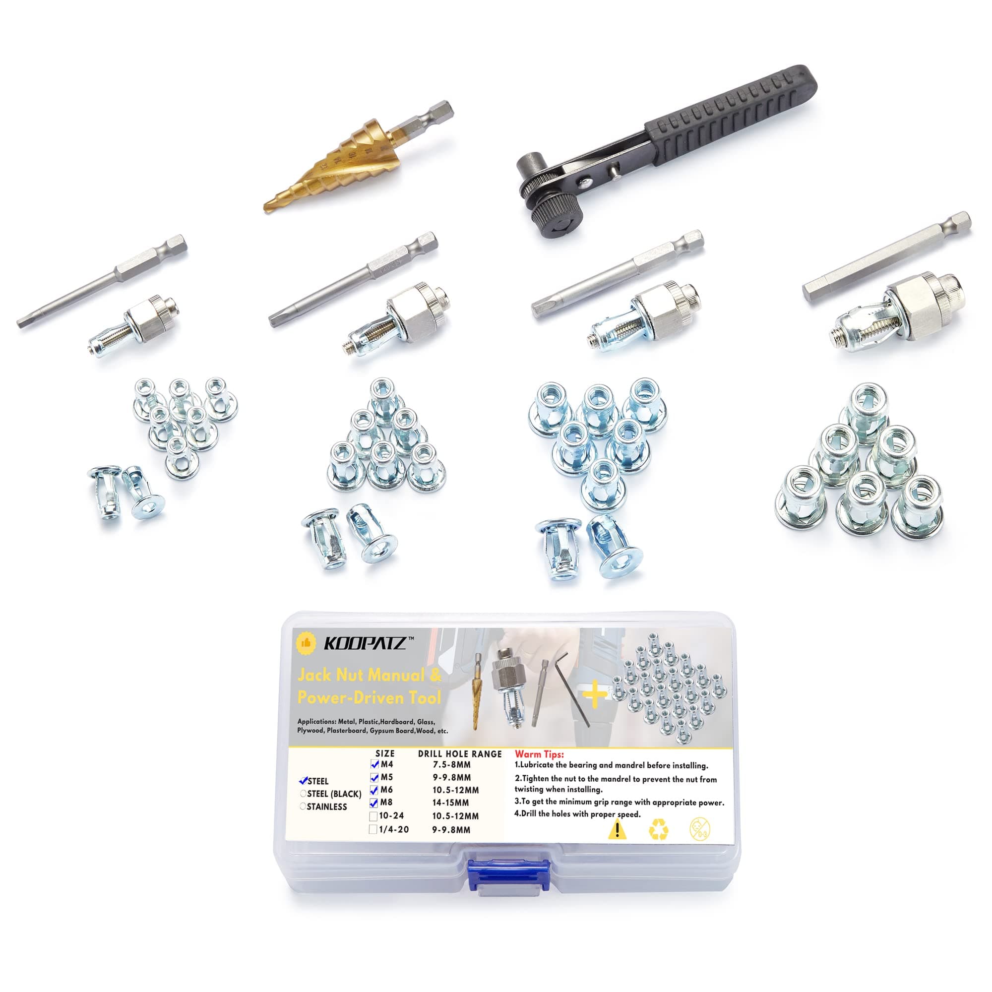 Jack Nuts Assortment with Installation Tool Kit Threaded Insert Petal Nuts Nutserts Jacknut kit Srew Anchor Spider Rivnut Blind for Plastic Polywood Pressboard Hardboard