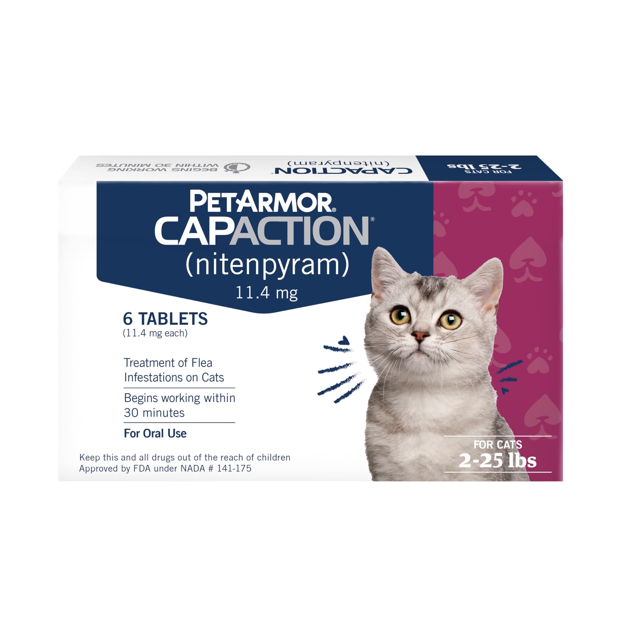 PetArmor CAPACTION (nitenpyram) Oral Flea Treatment for Cats, Cat Flea Treatment Pill, Fast Acting Tablets Start Killing in 30 Minutes, 2-25 lbs, 6 Doses