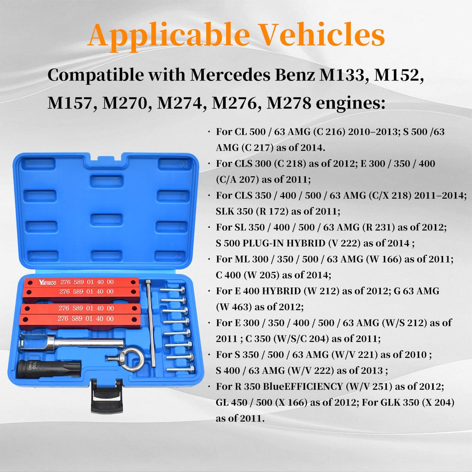 Yuesstloo Engine Timing Tool Kit, Compatible with Mercedes Benz M157/M276/ M278, Camshaft Timing Tool with T100, Fuel Injector Puller, Rotary Rod, Fixing Screw, with Case and Gloves
