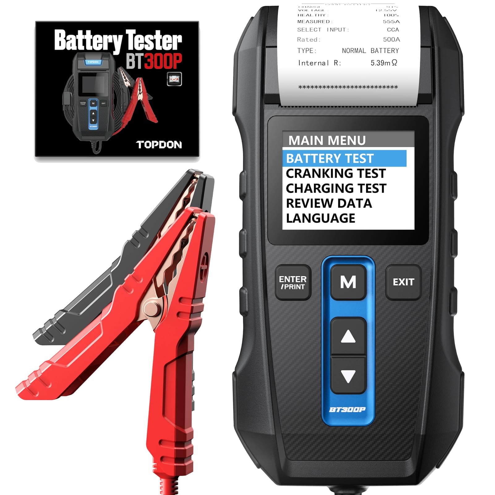 TOPDON Car Battery Tester BT300P, 12V 24V Battery Tester with Printer, with Battery Test, Cranking Charging Test for 100-2000CCA Batteries, Carrying Bag, 3 Rolls of Printing Paper Included