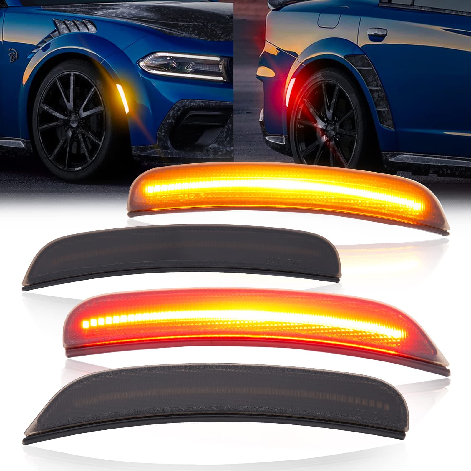 Charger Side Marker Lights Assembly Kit Compatible with 2015-2022 Dodge Charger LED Smoked Lens Turn Signal Lamp with Amber Front and Red Rear Light Replace 68214405AA 68214404AA 68214127AA