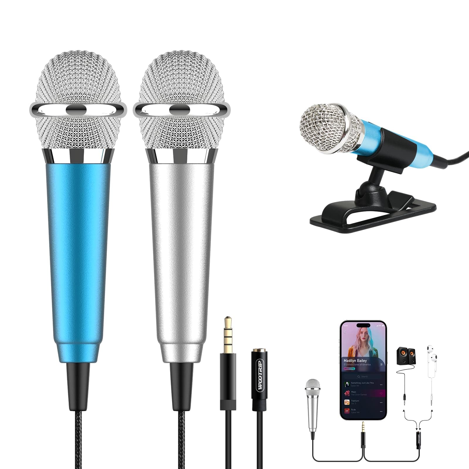 2PCS Mini Microphone Portable Tiny Mic 3.5mm Vocal Recording Device Microphone for Karaoke Podcast Interviews with Stand for iPhone,Android,Tablet(Blue and Silver)