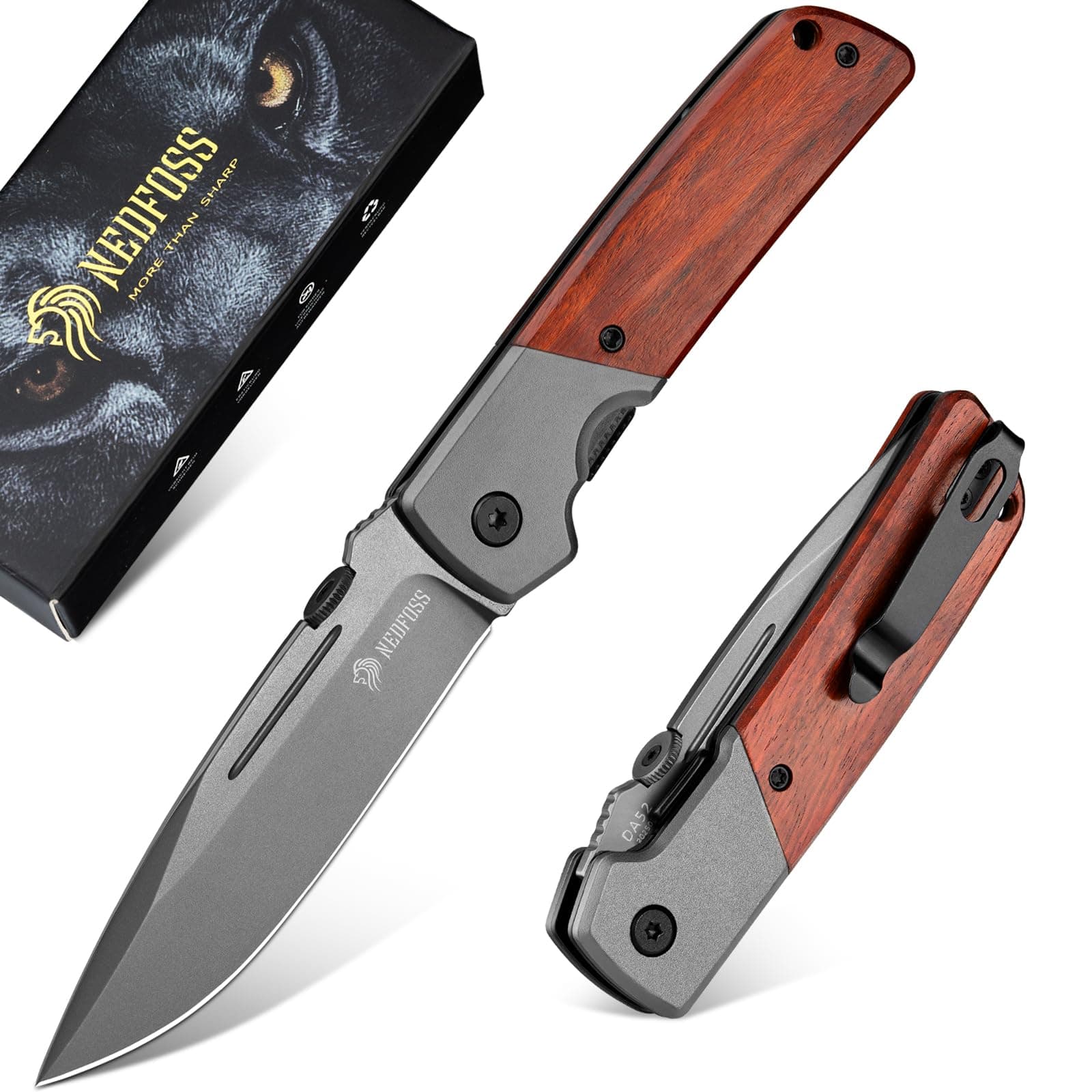 DA52 Pocket Knife for Men, 3.5" Compact EDC Knife, Lightweight Camping Folding Knife with Clip, Rosewood Handle with Aluminium Bolster, Liner Lock
