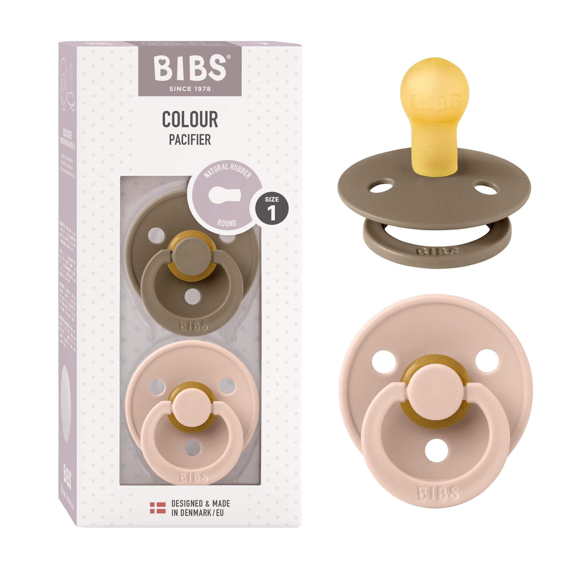 BIBS Colour Soother 2-Pack, BPA Free Dummy Pacifier, Round Nipple. Natural Rubber Latex, Size 1 (0-6 Months), Dark Oak/Blush