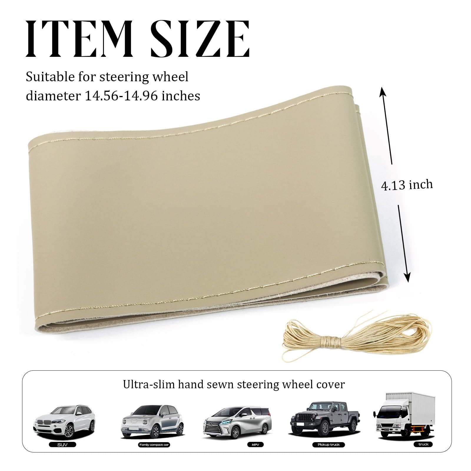 Leather Steering Wheel Cover, DIY Sewing with Needle & Thread, Breathable Anti-Slip Car Steering Wheel Protector, Universal 15 Inch Auto Steering Wheel Stitch on Wrap (Beige, Glossy)