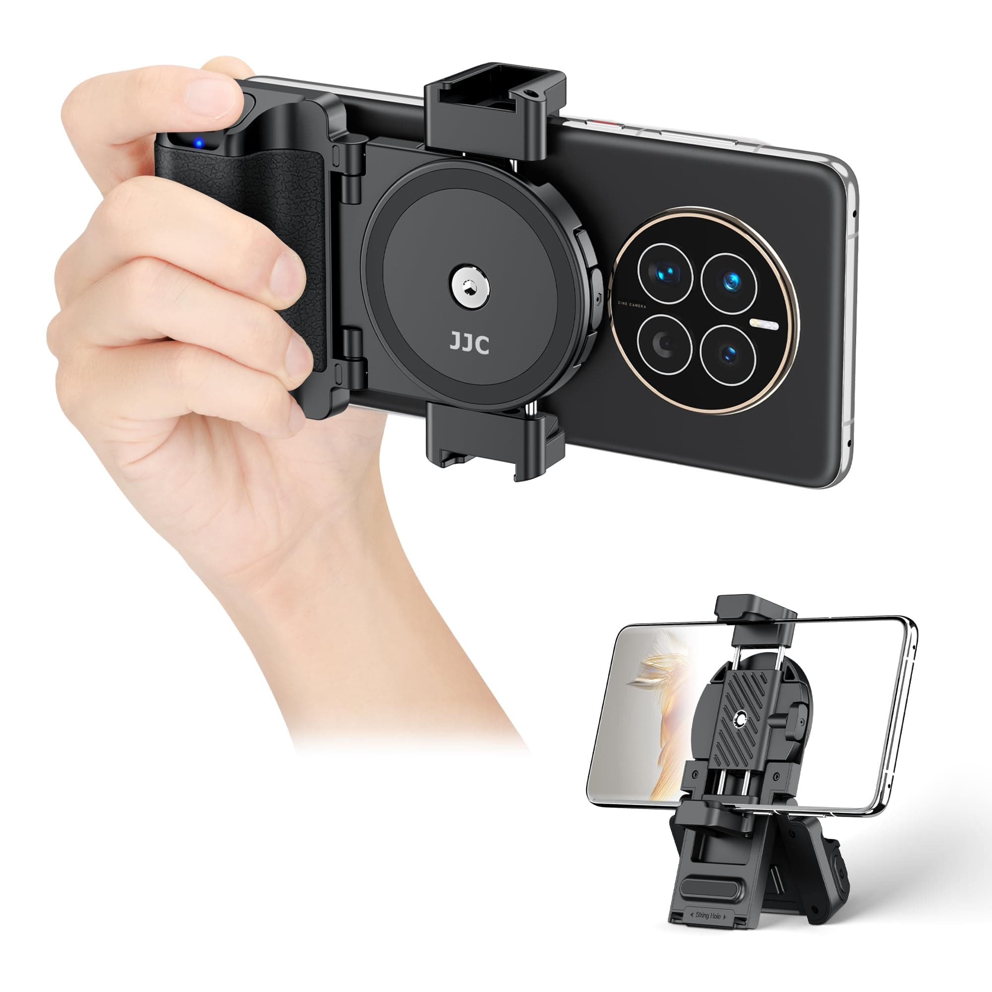 JJC Phone Camera Grip with Wireless Remote, Smartphone Grip Handle with Adjustable Clamp & Two Cold Shoe Mounts for iPhone Samsung Android Phones - Black