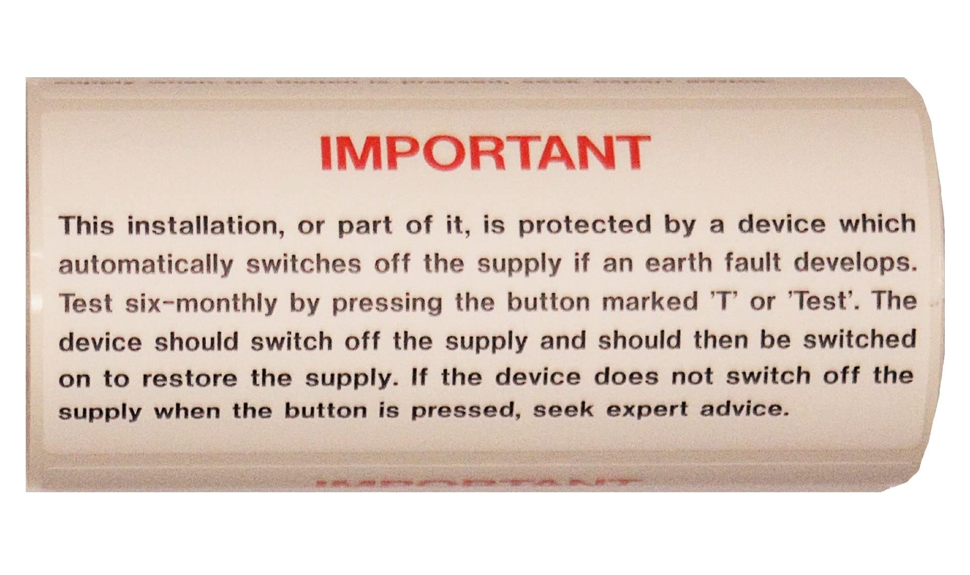 Warning Signs - R.C.D. TEST LABEL - S/A VINYL - 100 LABELS ON A ROLL