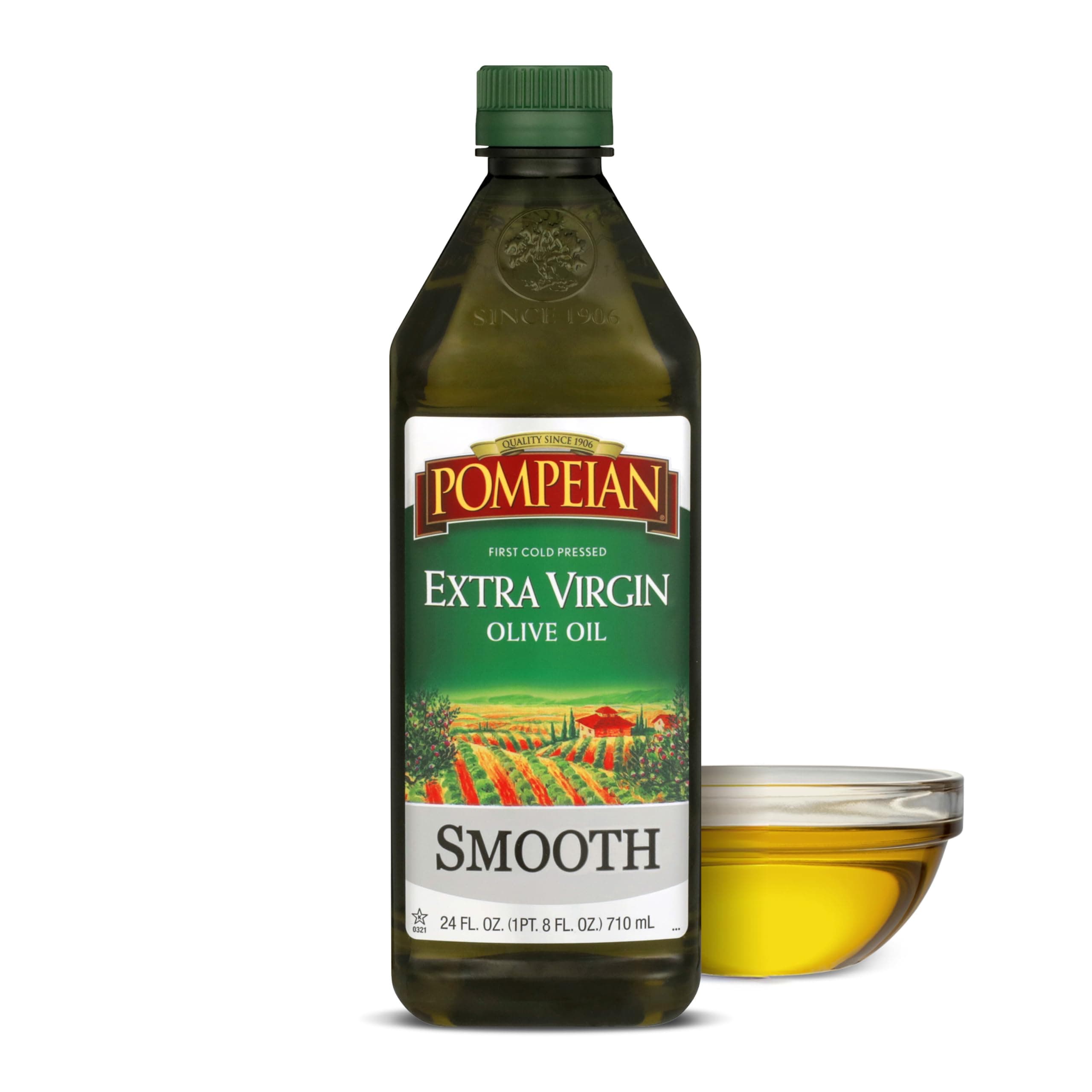 Pompeian Smooth Extra Virgin Olive Oil, First Cold Pressed, Mild and Delicate Flavor, Perfect for Sauteing and Stir-Frying, Naturally Gluten Free, Non-Allergenic, Non-GMO, 24 Fl Oz, Single Bottle