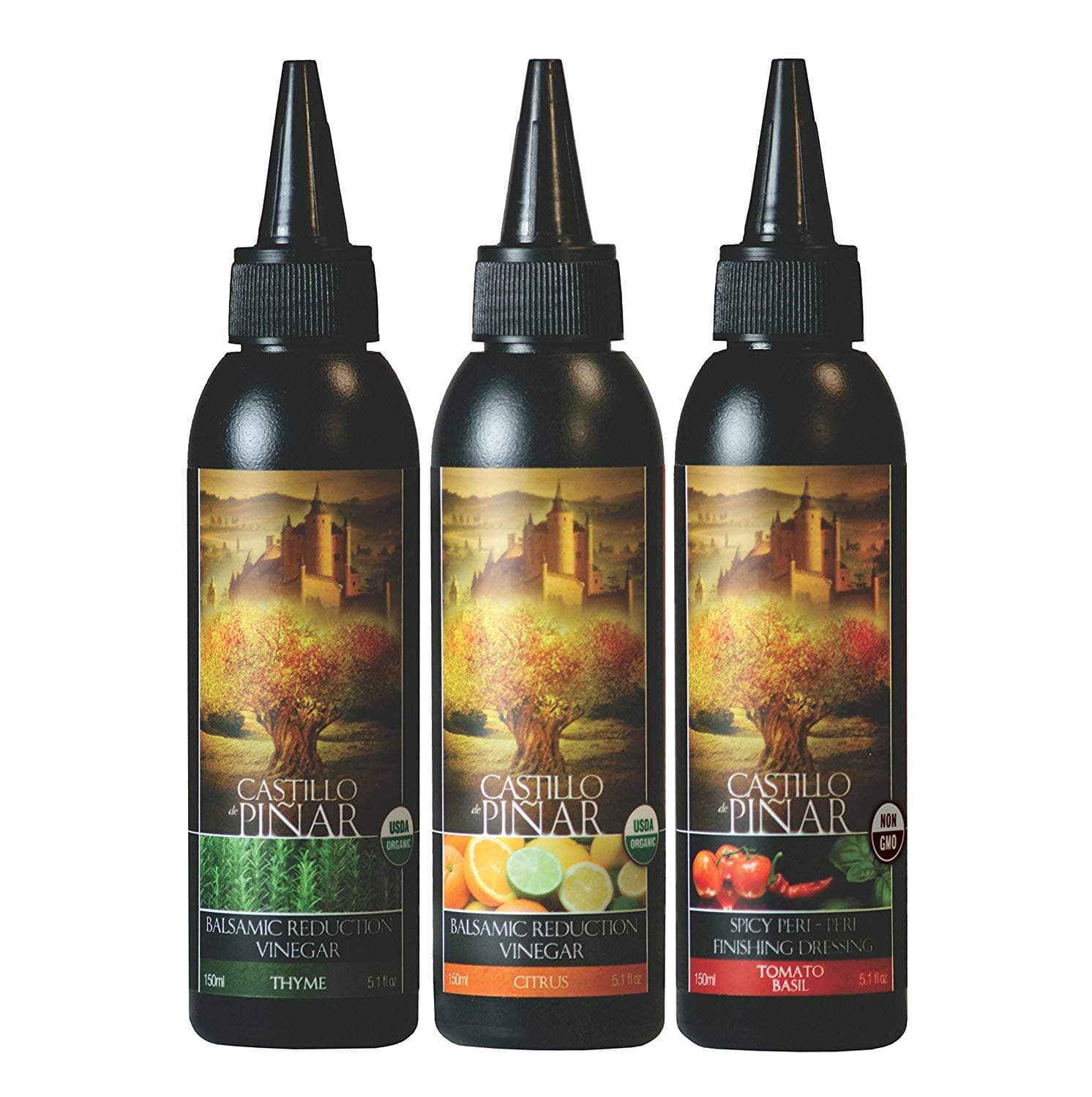 Thyme Balsamic Reduced Vinegar (150ml), Citrus Balsamic Reduced Vinegar (150ml) and Tomato & Basil Spicy Peri-Peri (150ml) Non GMO Castillo de Pinar 3-Pack Bundle