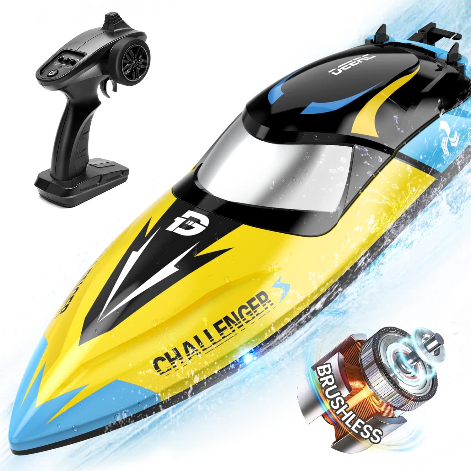 DEERC 2104 Brushless RC Boat, 20+ mph Fast Remote Control Boat for Pools & Lakes, 2.4GHz with LED, Rechargeable Battery, Low Battery Alarm & Capsize Recovery for Kids & Adults