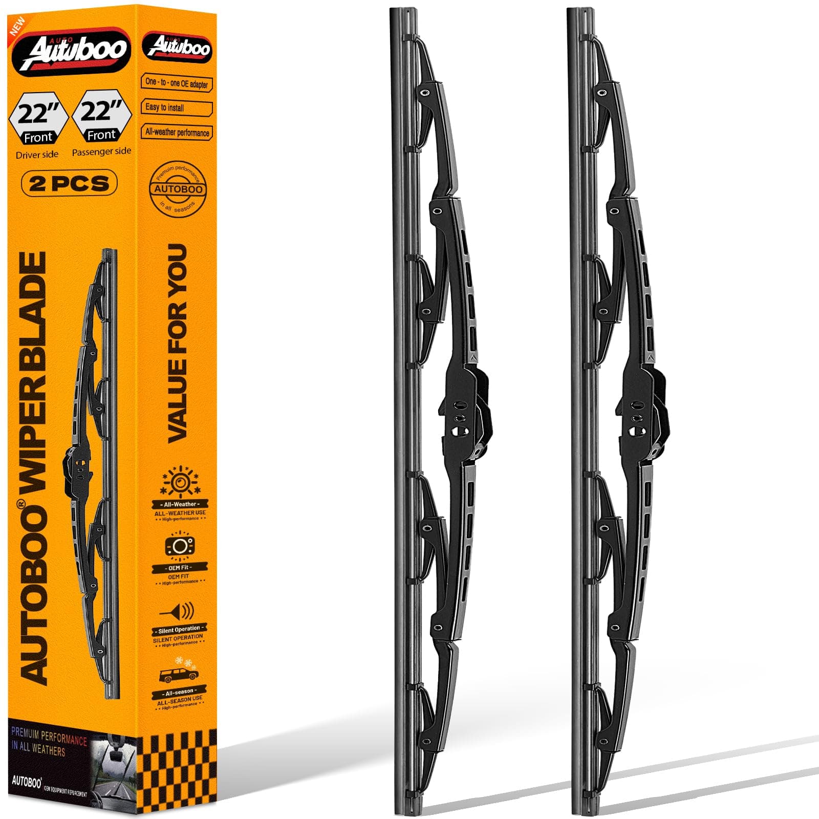 AUTOBOO 22"+22" Windshield Wiper Blade Sets Replacement for Dodge Challenger 2008-2020 -Original Factory Quality (Pack of 2)