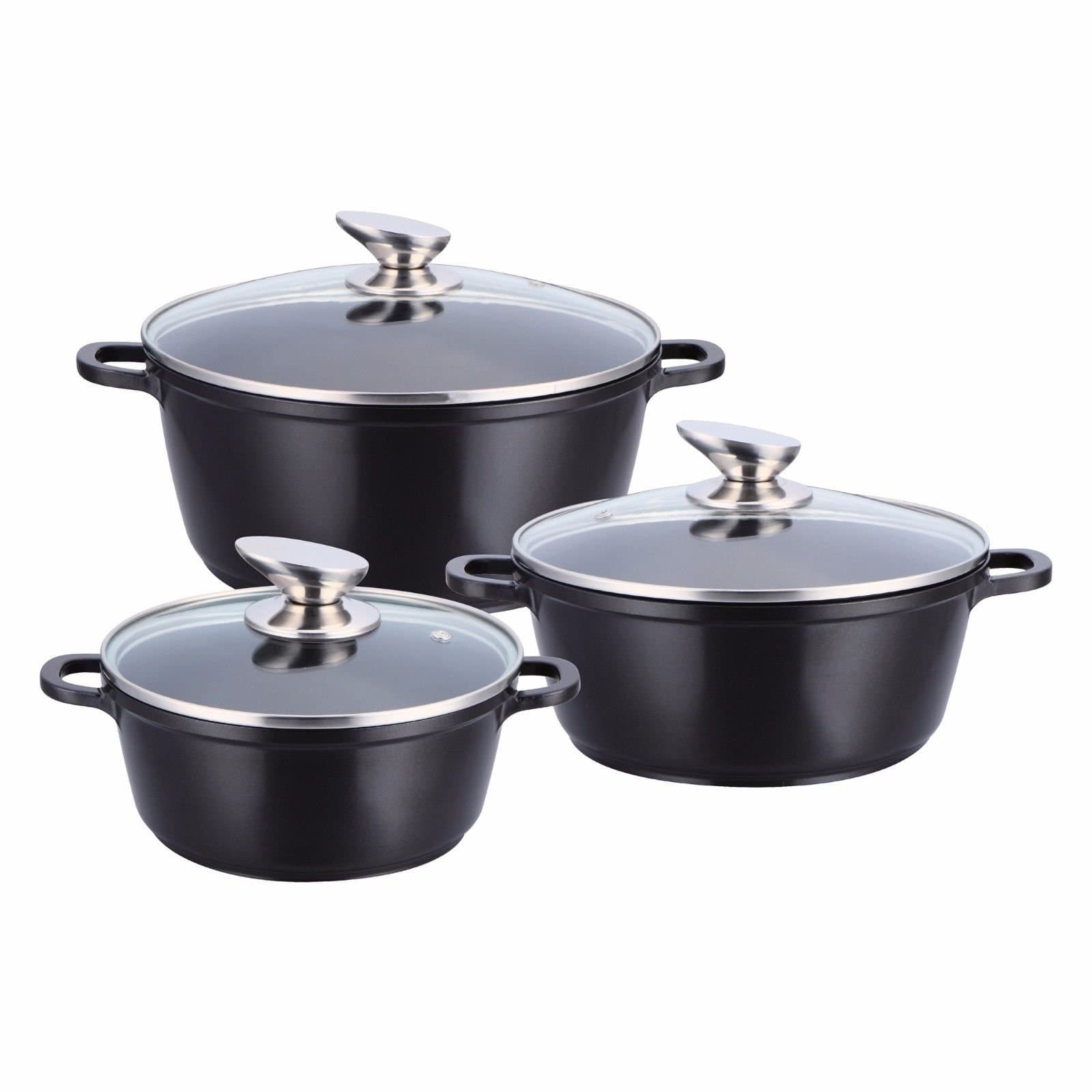 Induction Cookware 3Pc Diecast Non-Stick Ceramic Casserole Set With Lids, Black