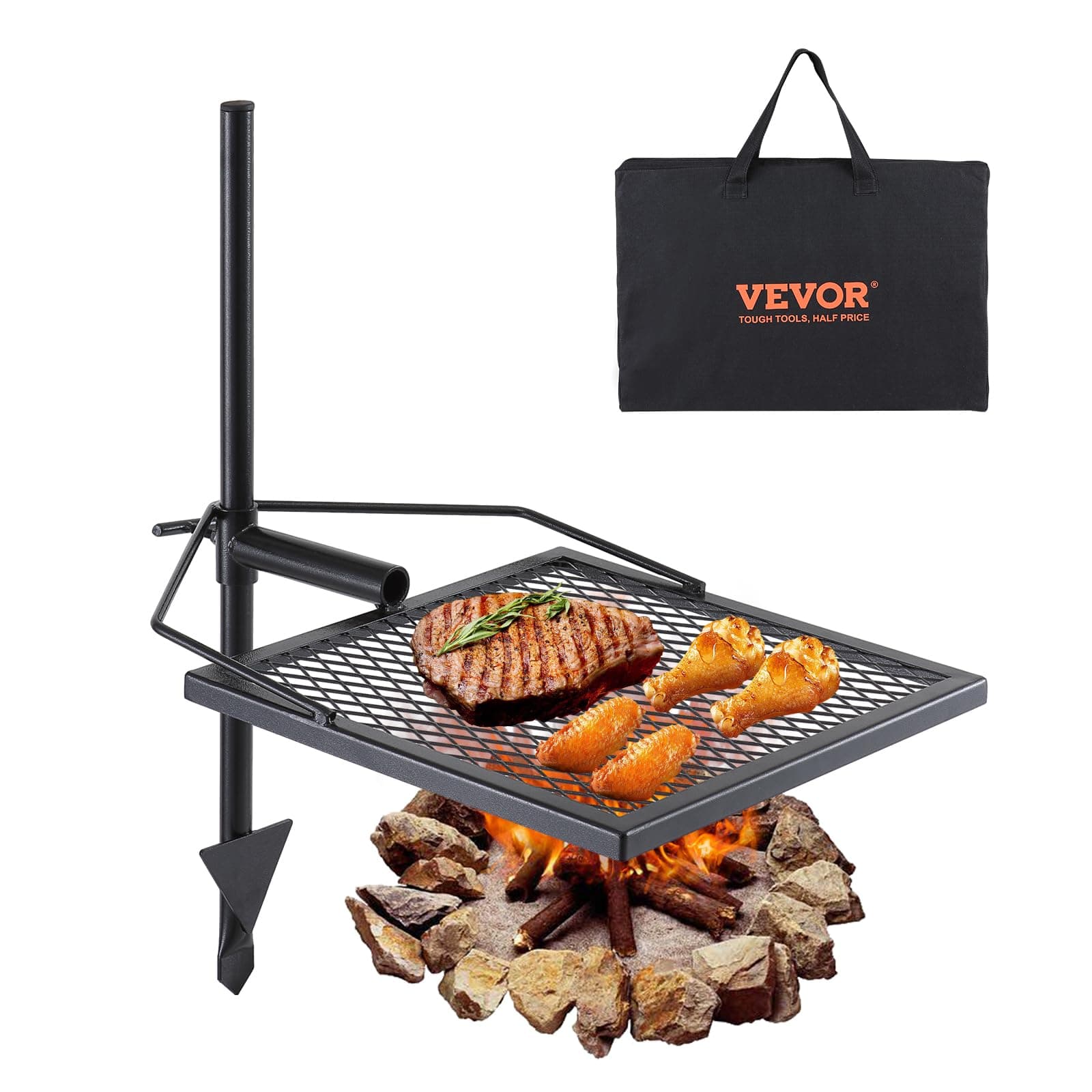 VEVOR Swivel Campfire Grill, Fire Pit Grill Grate over Fire Pits, Heavy Duty Steel Grill Grates, 360° Adjustable Open Fire Outdoor Cooking Equipment, Portable Camp Fire Racks for Camping Outdoor BBQ