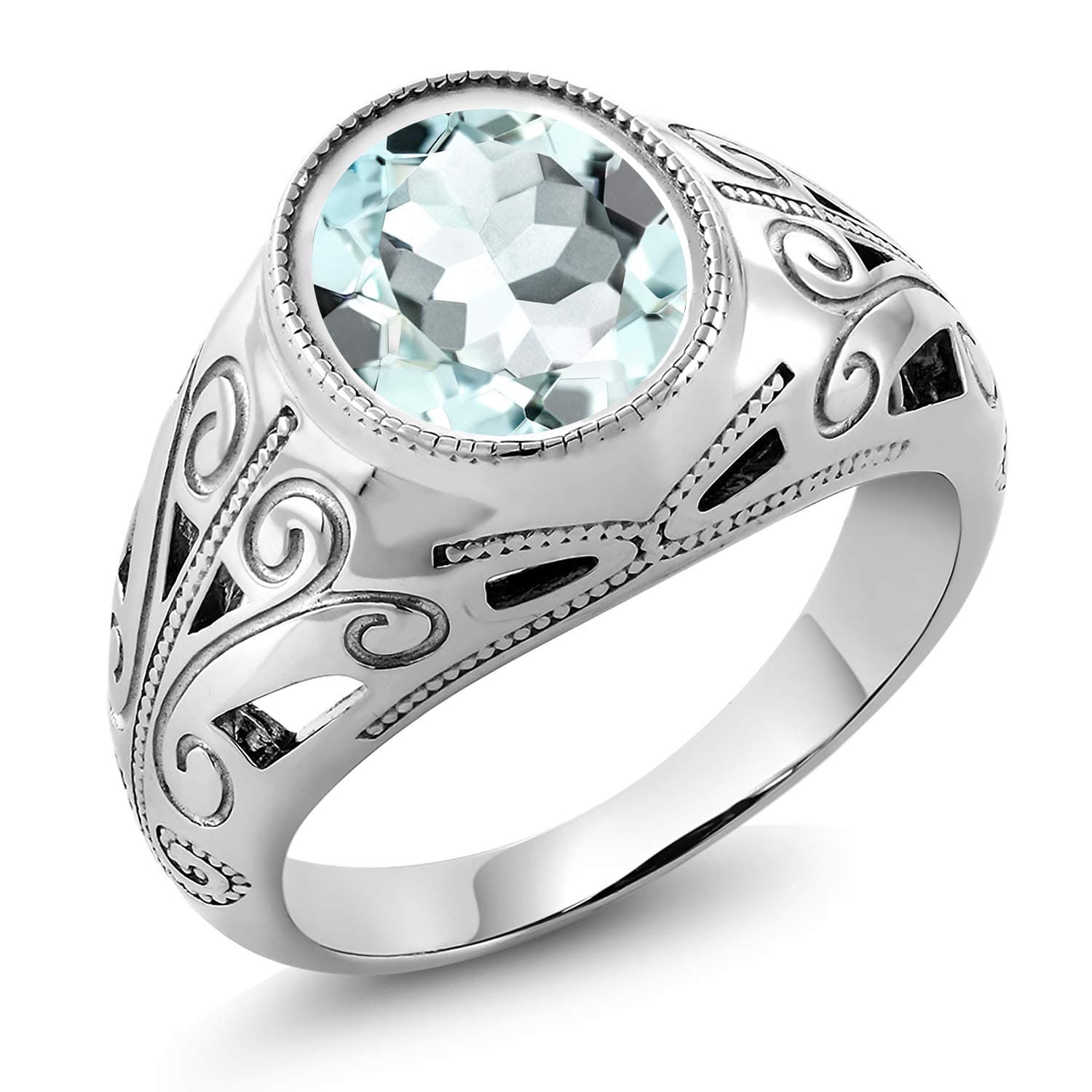 Gem Stone King 3-6 Cttw Oval Gemstone Birthstone Ring for Men | 925 Sterling Silver | Oval 12X10MM | Available in Size 7-8-9-10-11-12-13 | Created Aquamarine-March | 10