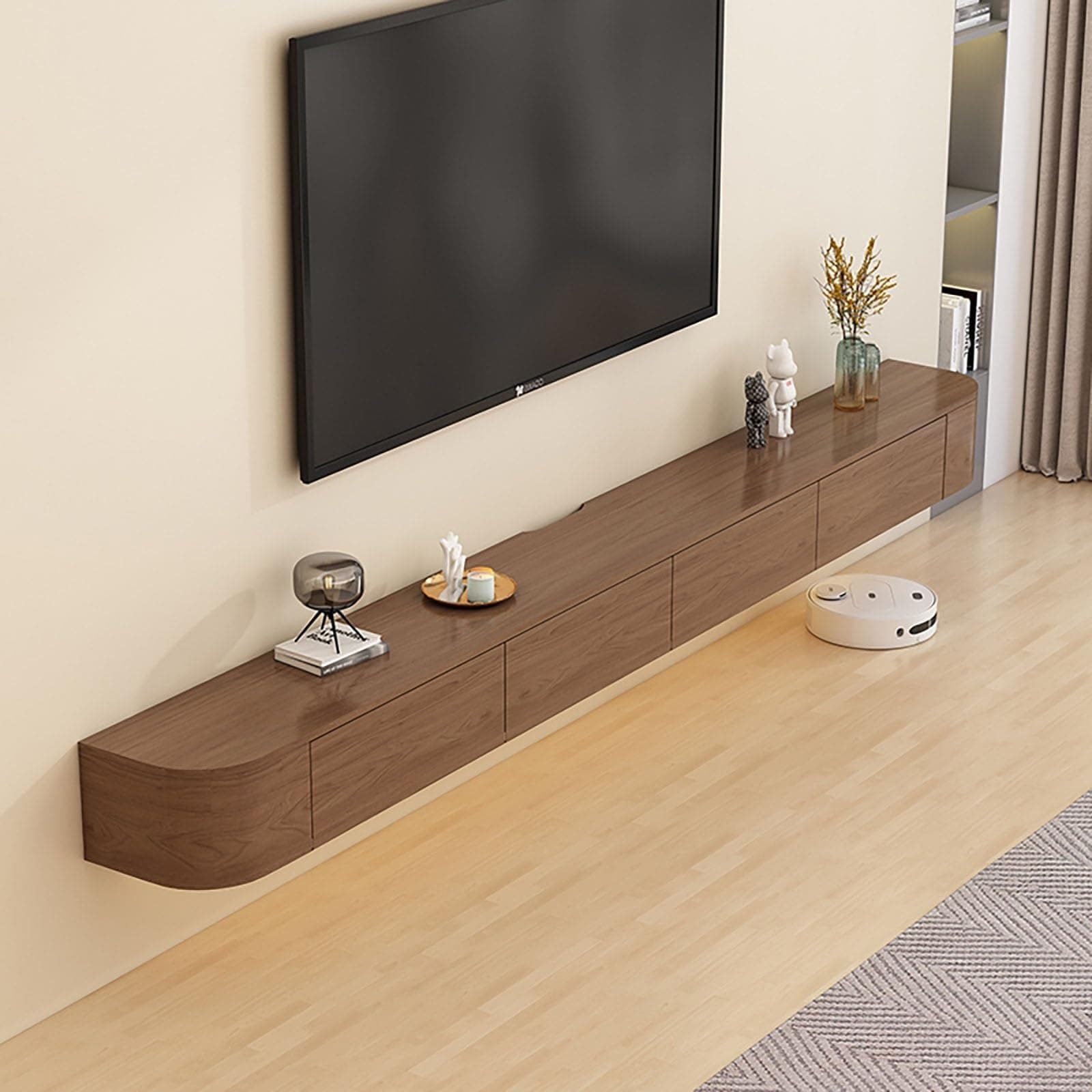 Modern Wall Mounted Floating TV Stand, Entertainment Unit, TV Console with Doors Drawers for Living Room, Bedroom (Walnut, 300CM)