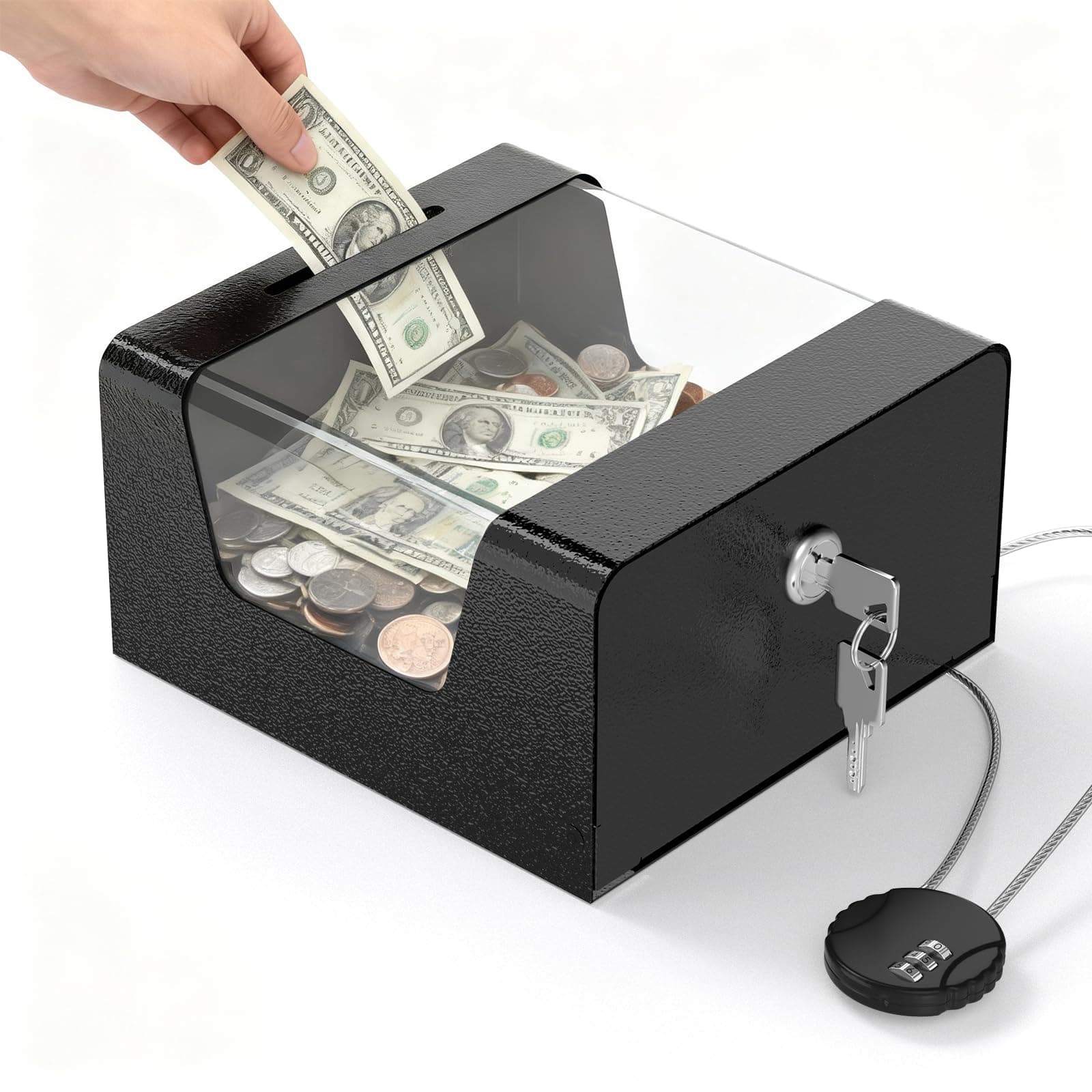 POCHAR Metal Tip Box with Lock - Tip Jar with Key & Combination Cable Lock for Bars Restaurants Cafes - Tips Bucket Money Cash Collection Box Small Donation Suggestion Boxes, 6.8" x 4" (Black)