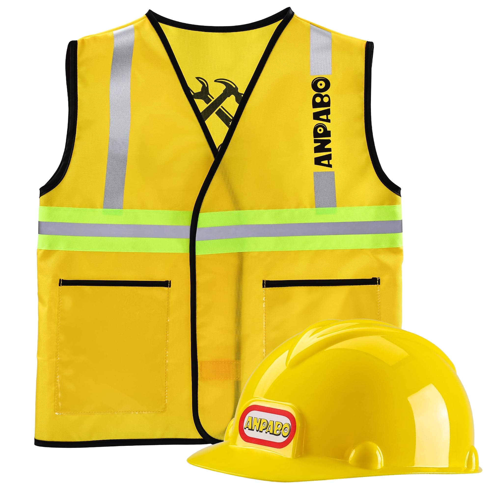 ANPABO Kids Construction Vest with Hat, 1 Set Kid Construction Worker Vest, Reflective Strip and Velcro Closure Design, Construction Birthday Party Halloween Dress-Up