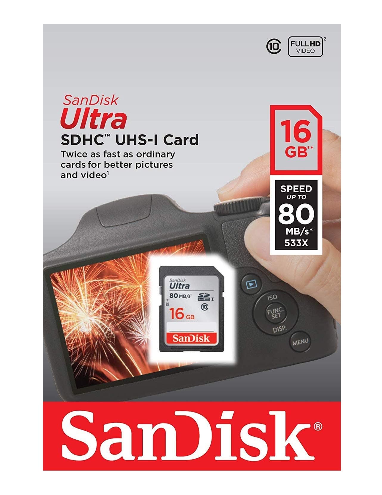 SanDisk Ultra SDHC Memory Card Up to 80 MB/s, Class 10, 16 GB, Black/Grey