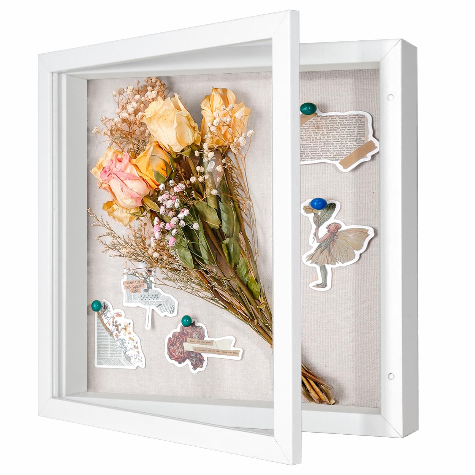 Califortree 11x11 Shadow Box Frame with Linen Back - Sturdy Rustic Memory Display Case of Flower, Pictures, Medals and More, White