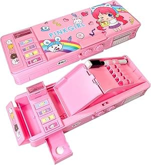 Pop Up Multifunction Pencil Case for Girls and Boys, Cute Cartoon Pen Box Organizer Stationery with Lock, Sharpener, Schedule, Whiteboard, School Supplies, Best Gifts for Kids(Pink)