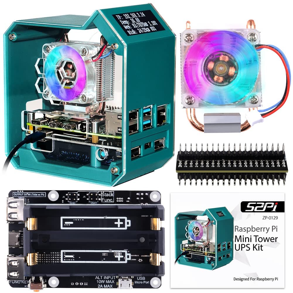 GeeekPi Mini Tower UPS Kit, Ice Tower Cooler with PWM RGB Fan, Raspberry Pi UPS Plus Hat, 0.96 Inch OLED Display, GPIO 1 to 2 Expansion Board for Raspberry Pi 4 Model B 1GB 2GB 4GB 8GB