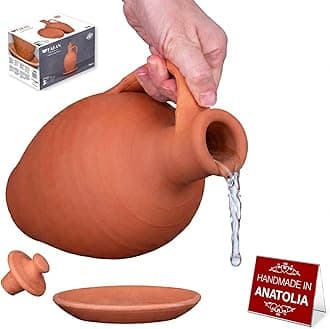 Hakan Anadolu Natural Clay Water Pitcher Set | Unglazed Terracotta Water Carafe & Plate | Traditional Small Mud Jug | Pottery Jar for Drinking Water (Small - 51 oz)