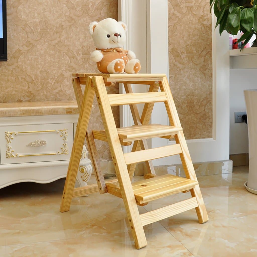 Solid wood three stool stool multi-storey storage ladder household folding ladder ladder dual-use indoor ladder third ladder, 4 Colors (Color : A)