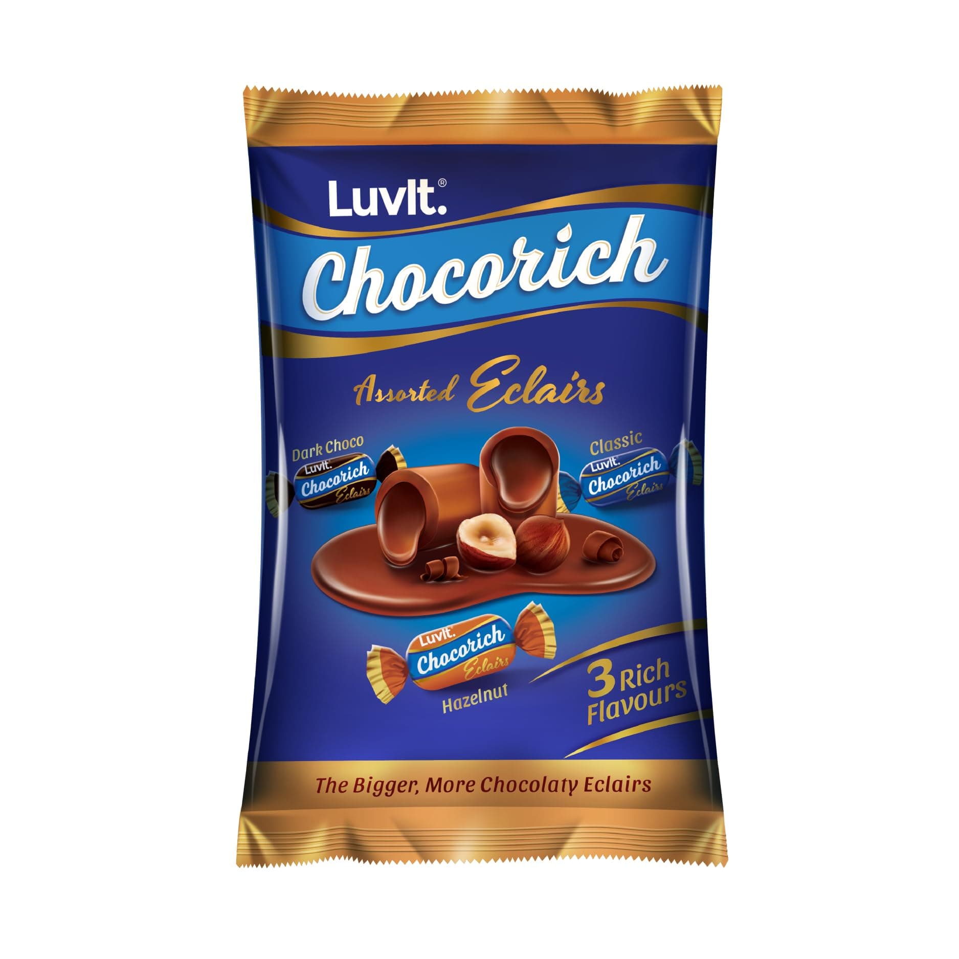 - LuvIt. Chocorich Assorted Eclairs Chocolate Birthday Pack | Hazelnut, Dark Choco & Classic | 60 Pieces - 480 Gm