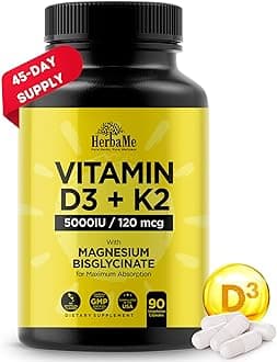 HerbaMe Vitamin D3 5000 IU + K2 with Magnesium Bisglycinate for Max Absorption | 90 Capsules | Immune Support | Promotes Heart, Bone and Muscle Health