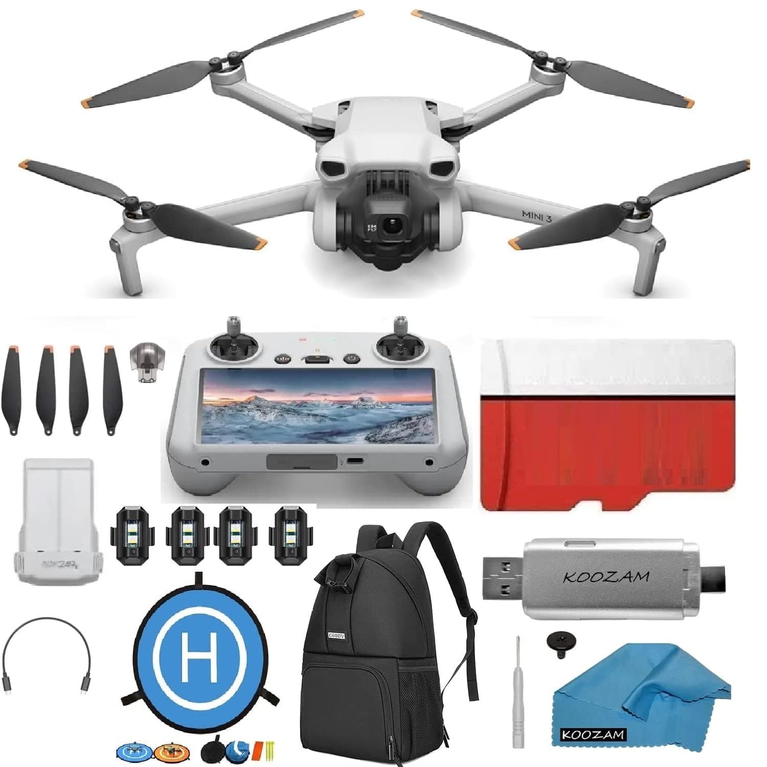 Mini 3 Drone with DJI RC Screen remote Kit Camera Drone Bundle, with 128 GB SD, 3.0 USB Card Reader, Landing Pad, Backpack, Strobe lights and More